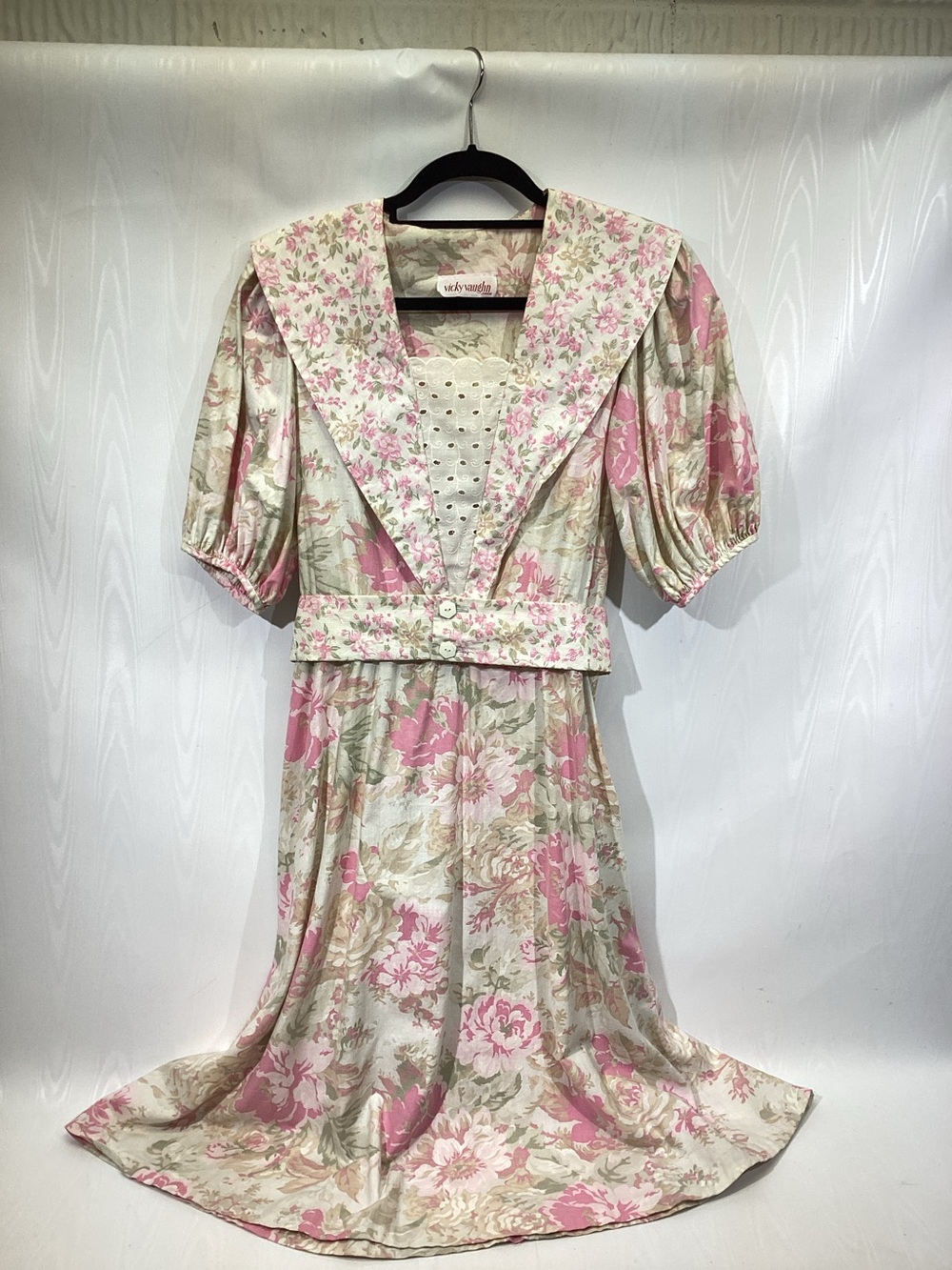 Vicky Vaughn Vintage Dress Sailor Collar Print w/Lace Prairie 37" bust